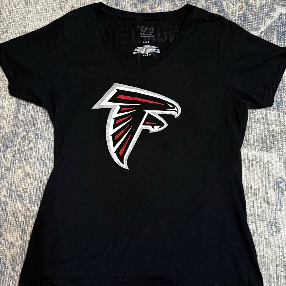 Fanatics Black V-Neck Falcons Logo Tee with Red & White Accent